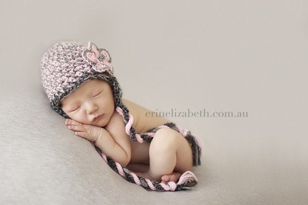 Baby Girl Hat, SALE Newborn Baby Girl Crochet Hat in Pink and Gray Flower Earflap , Great for Photo Prop