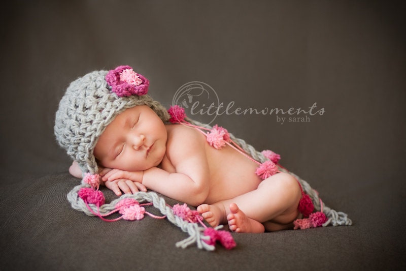 Baby Girl Hat, Newborn Baby Girl Pink and Gray Earflap PomPom Crochet Hat, Great for Photo Prop