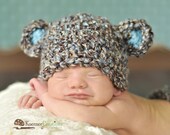 Newborn Baby Boy Hat in Brown, Blue and Tan,  Crochet Bear Hat , Great for Photo Prop
