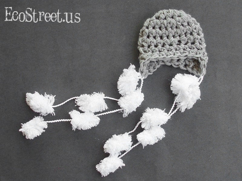 Baby Boy Crochet Hat, Newborn Baby Girl and Boy Crochet Hat in White and Gray with Earflaps, Great for Photo Prop