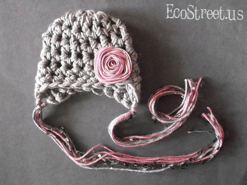 Baby Girl Hat, Newborn Crochet Hat in Gray with Pink Flower Earflap, Great for Photo Prop
