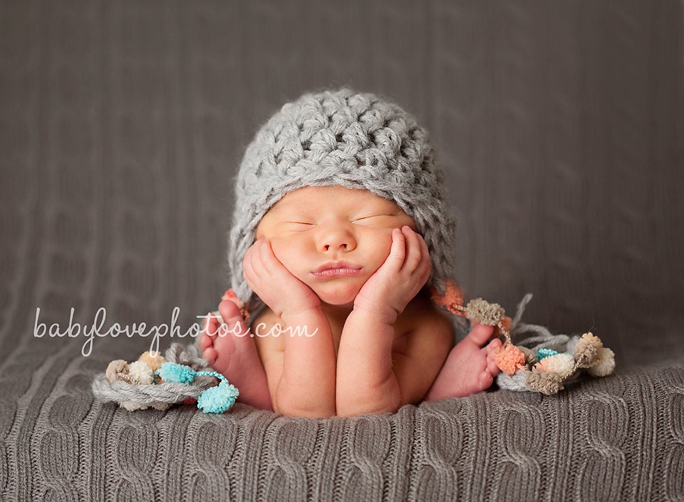 Newborn Baby Girl and Boy Off Orange, Green, Yellow, Tan and Gray Earflap Crochet Hat, Great for Photo Prop