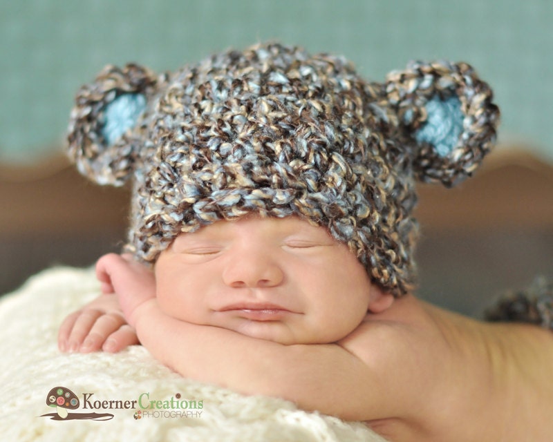 Newborn Baby Boy Hat in Brown, Blue and Tan,  Crochet Bear Hat , Great for Photo Prop