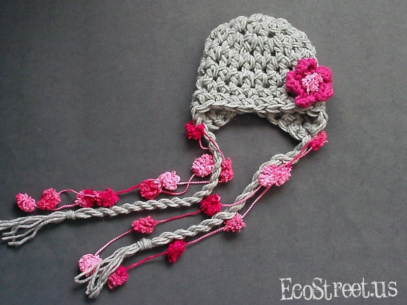 Baby Girl Hat, Newborn Baby Girl Pink and Gray Earflap PomPom Crochet Hat, Great for Photo Prop