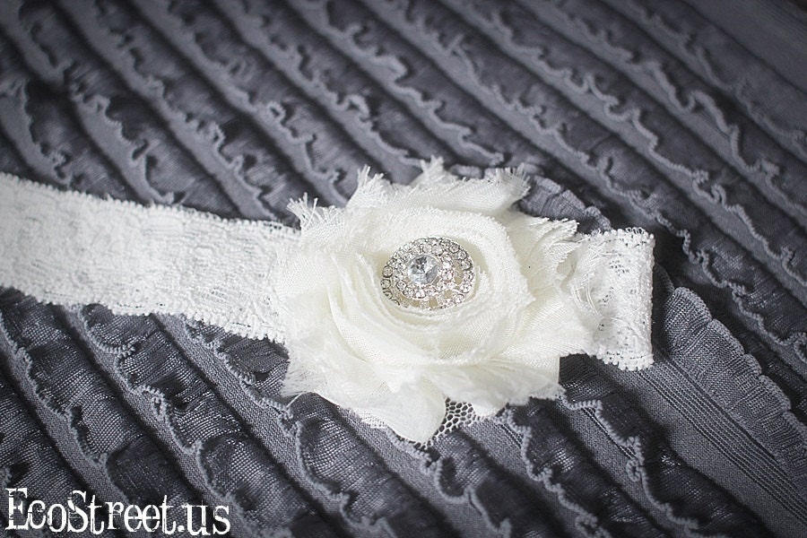 Baby Headband, Newborn Headband in Ivory White with Rhinestone Center, Great for Photo Prop