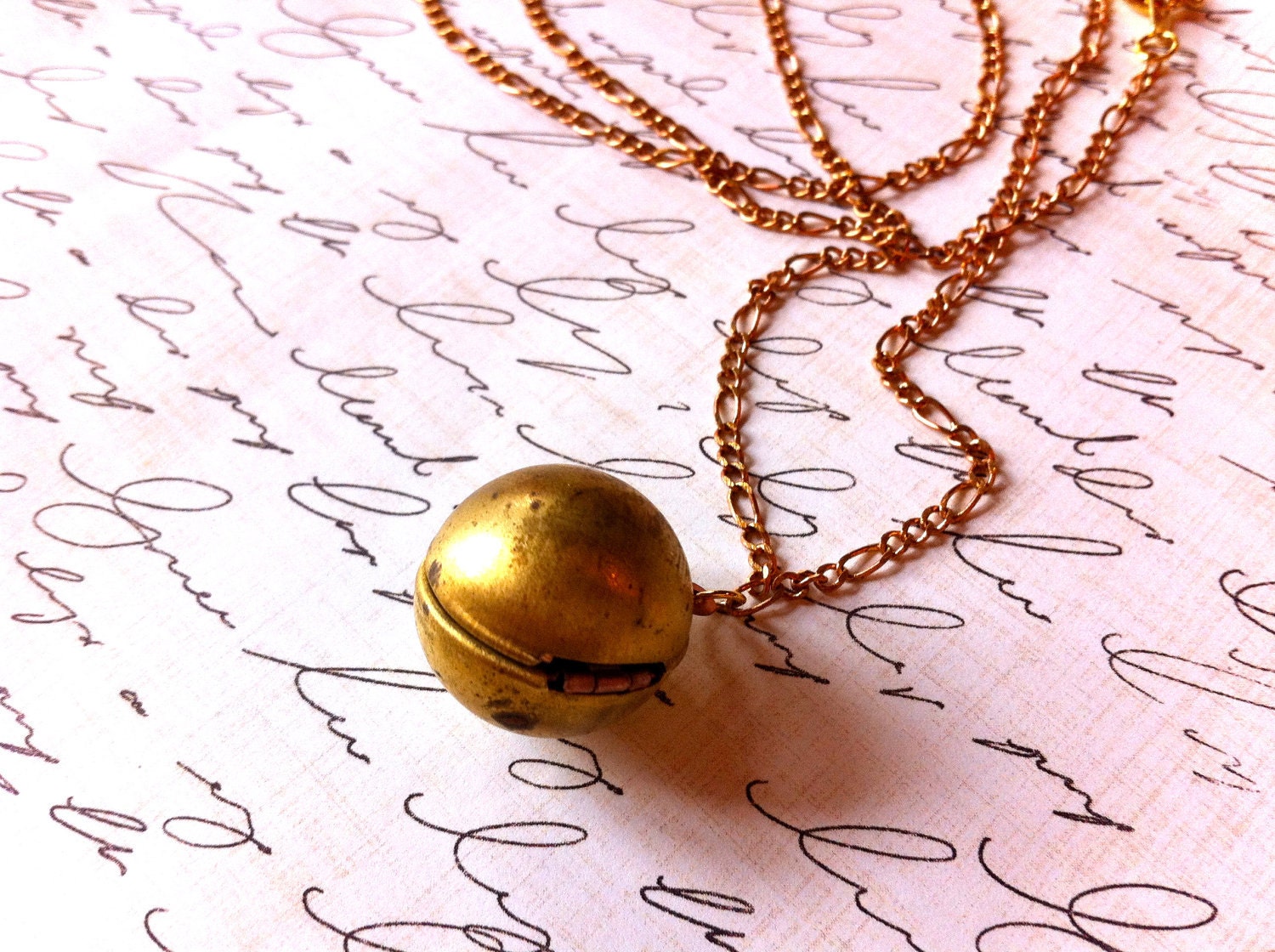 A Rare Curiosity Necklace - Vintage Brass Locket, Minimalist Brass Ball Pendant on copper chain