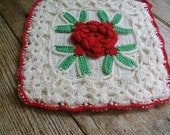large vintage 1940s 1950s crochet potholder red white kitchen accessory