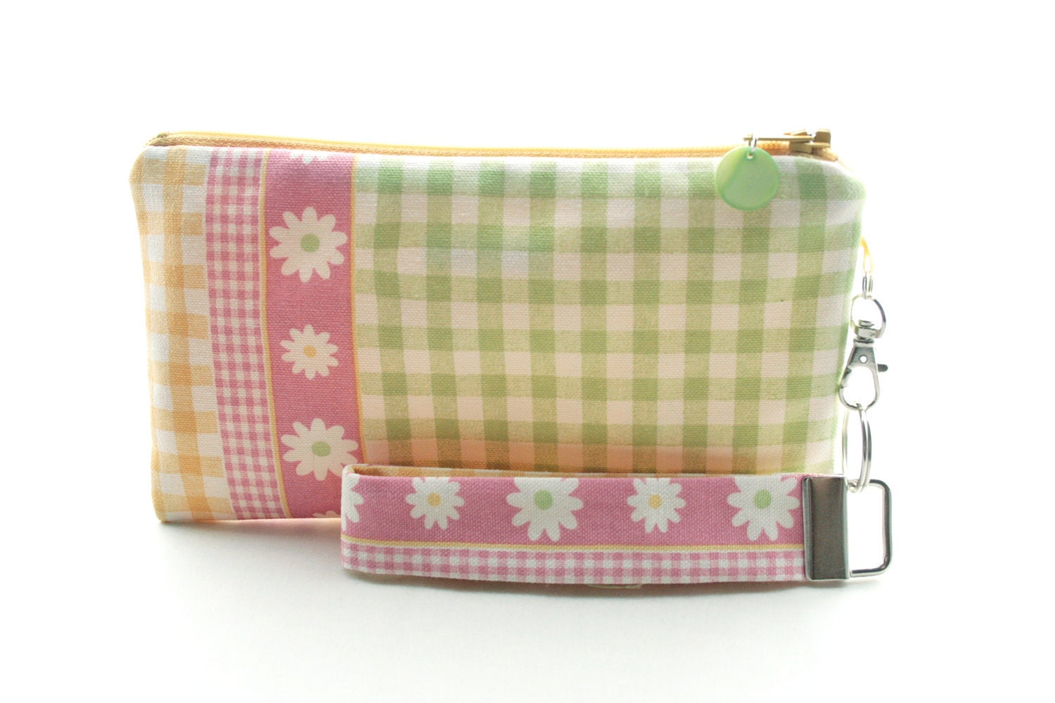 Spring wristlet / small clutch / gingham purse / zipper pouch & detachable key fob gift set for women or girls in pink and green fabric