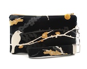 Bird wristlet / black clutch / small purse / zipper pouch & detachable key fob gift set for women handmade in modern fabric