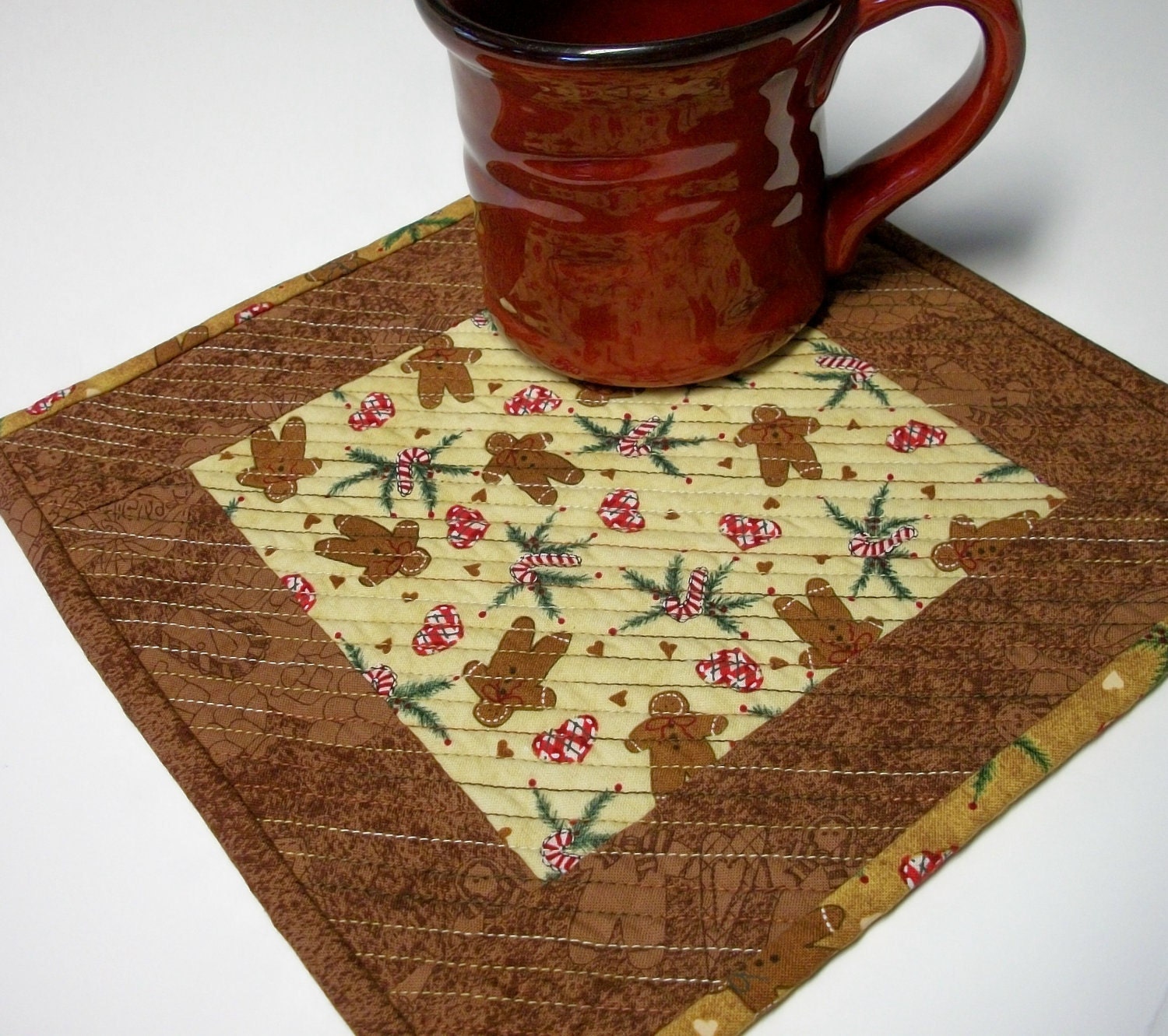 Gingerbread Mug Rug Snack Mat Cookie Mat Quilted Handmade Christmas Holiday Winter Ready to Ship One of a Kind