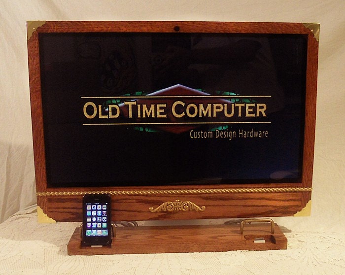 DUAL iPhone - iPod Dock -Charger and Sync Station - OAK  - Brass style V2 ( iMac Base- Apple Studio Monitor or stand alone )