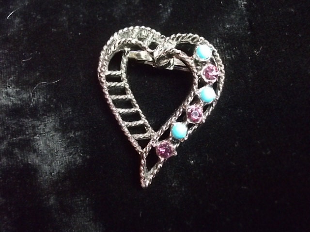 Vintage Gerrys Brooch Silver Abstract Heart Pin PURPLE & TURQUOISE Beads (sn 642)