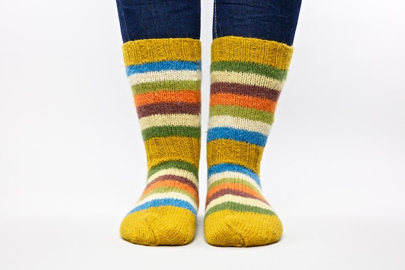 Colorful spring wool hand knitted socks for unisex adults gift under 40