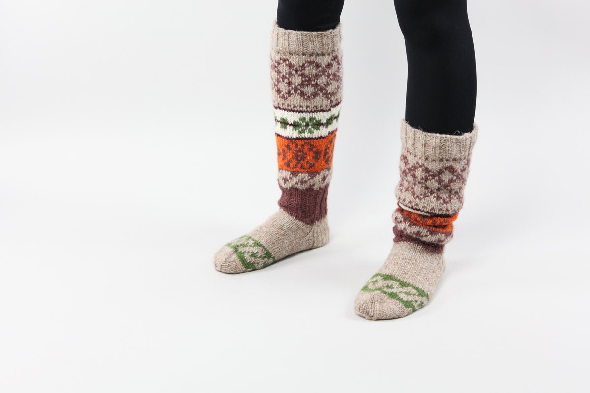Knee high knitted socks with Scandinavian ornaments for women gift for her