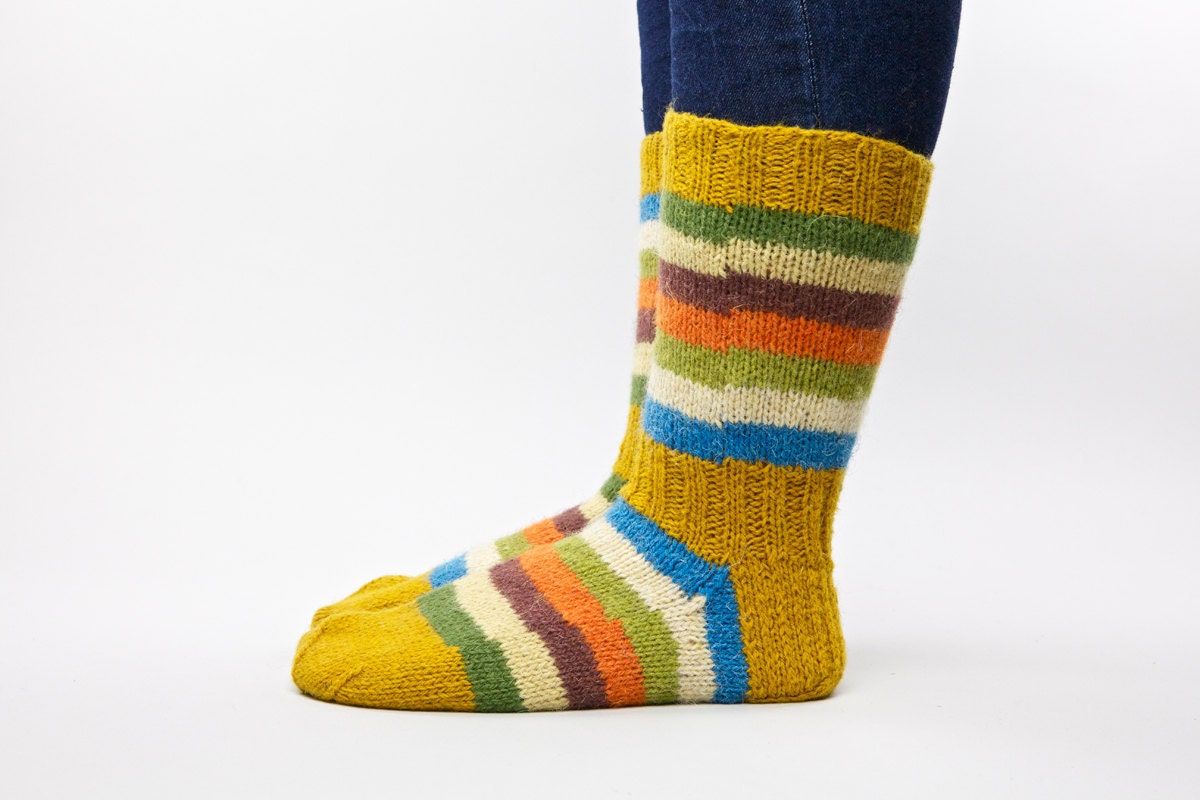 Colorful spring wool hand knitted socks for unisex adults gift under 40