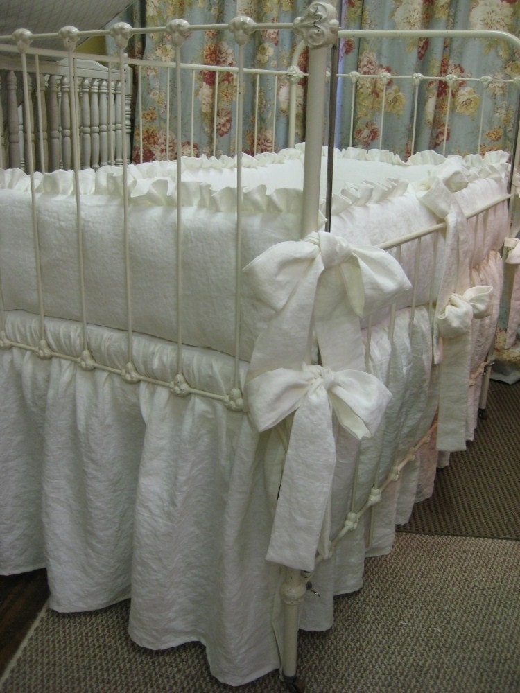 Cottage Style Ruffled Nursery Bedding in Washed Vintage White Medium Weight Linen