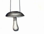 Mushroom necklace -pendant, drawing on plastic