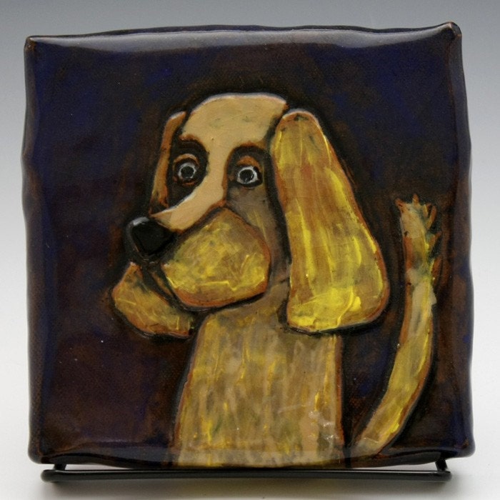 Golden Dog "Stuck on the Wall" Wall Tile with Midnight Blue Background