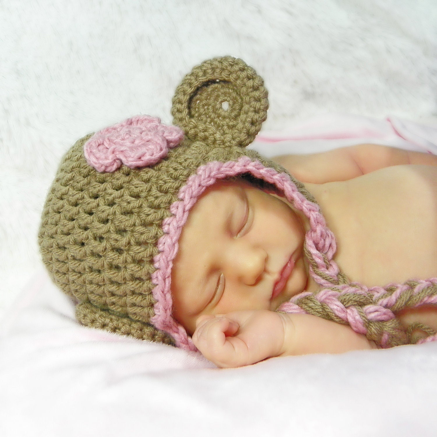 Light Brown Crochet Monkey Hat With Light Pink Trim And Flower - Choose Your Size