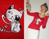 LOVEcat on a HoT TiN ROOF Red Vintage Knit Longsleeved Top Sweater with Cat and Hearts S/M/L