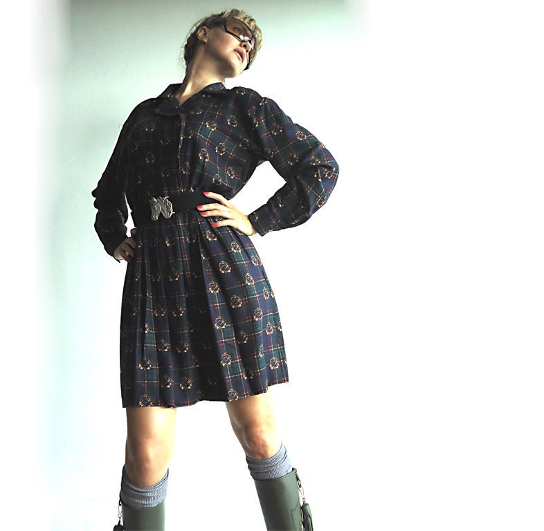 I WiLL HUNT YoU DOWN Vintage New Old Stock Dress in Forest Green with Hunters Horns and Plaid Print in Navy, Red, Yellow and Black M/L