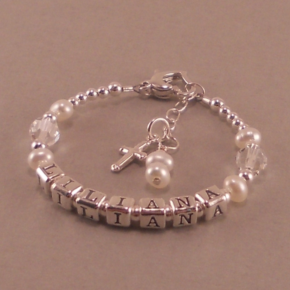 Baptism Bracelet, baby christening gifts, cross charm, personalized, first communion, for goddaughter, white pearls, confirmation