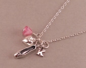 Ballet Slipper Necklace, Sterling Silver, Dancer, Dance, ballerina, personalized, initial, recital gift, pink, heart