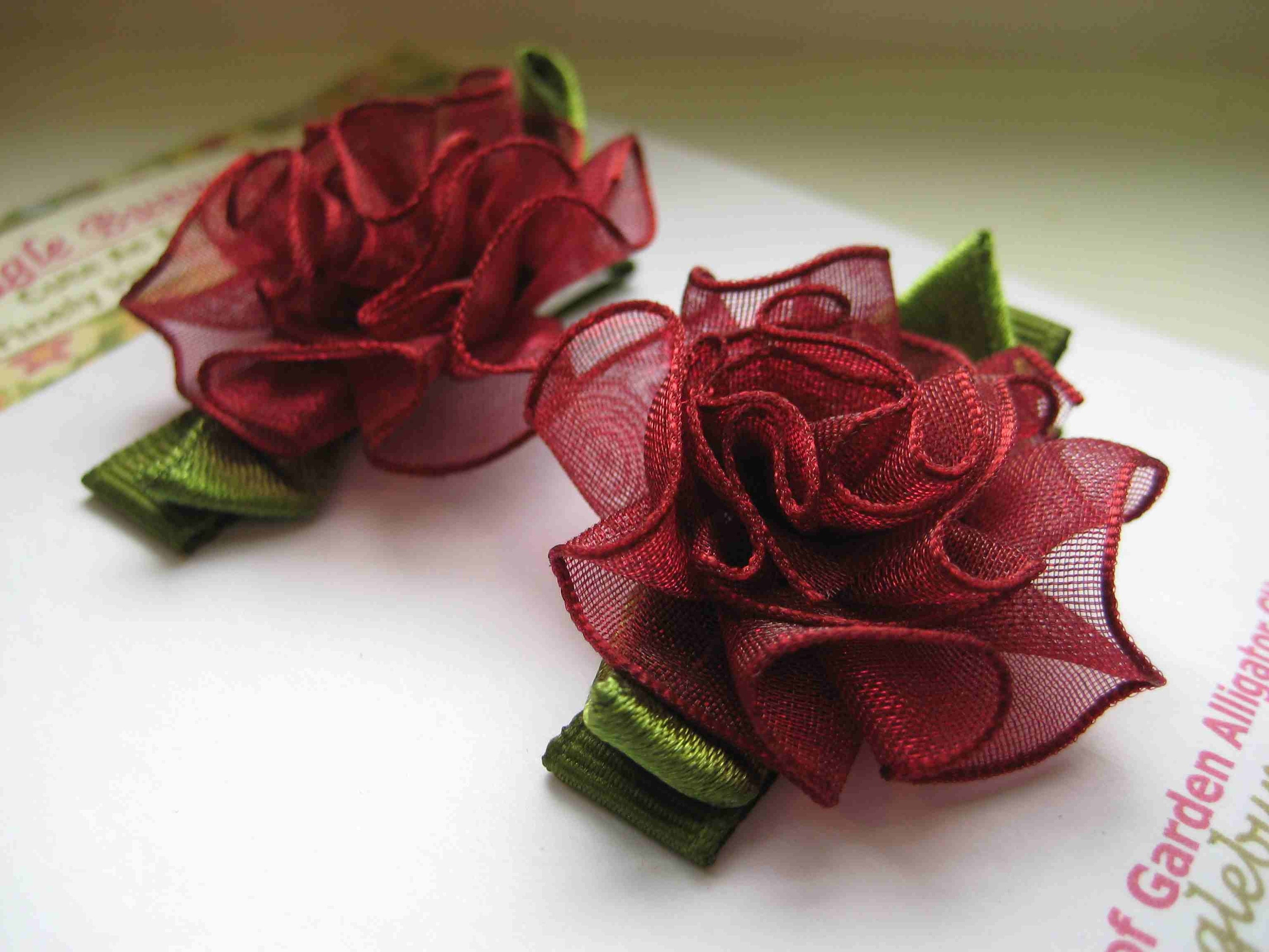 Set of Holiday Cranberry Organza Flower Floral Hair Clips