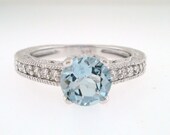 14K White Gold 1.00ct Aquamarine & Diamond Engagement Ring  HandMade