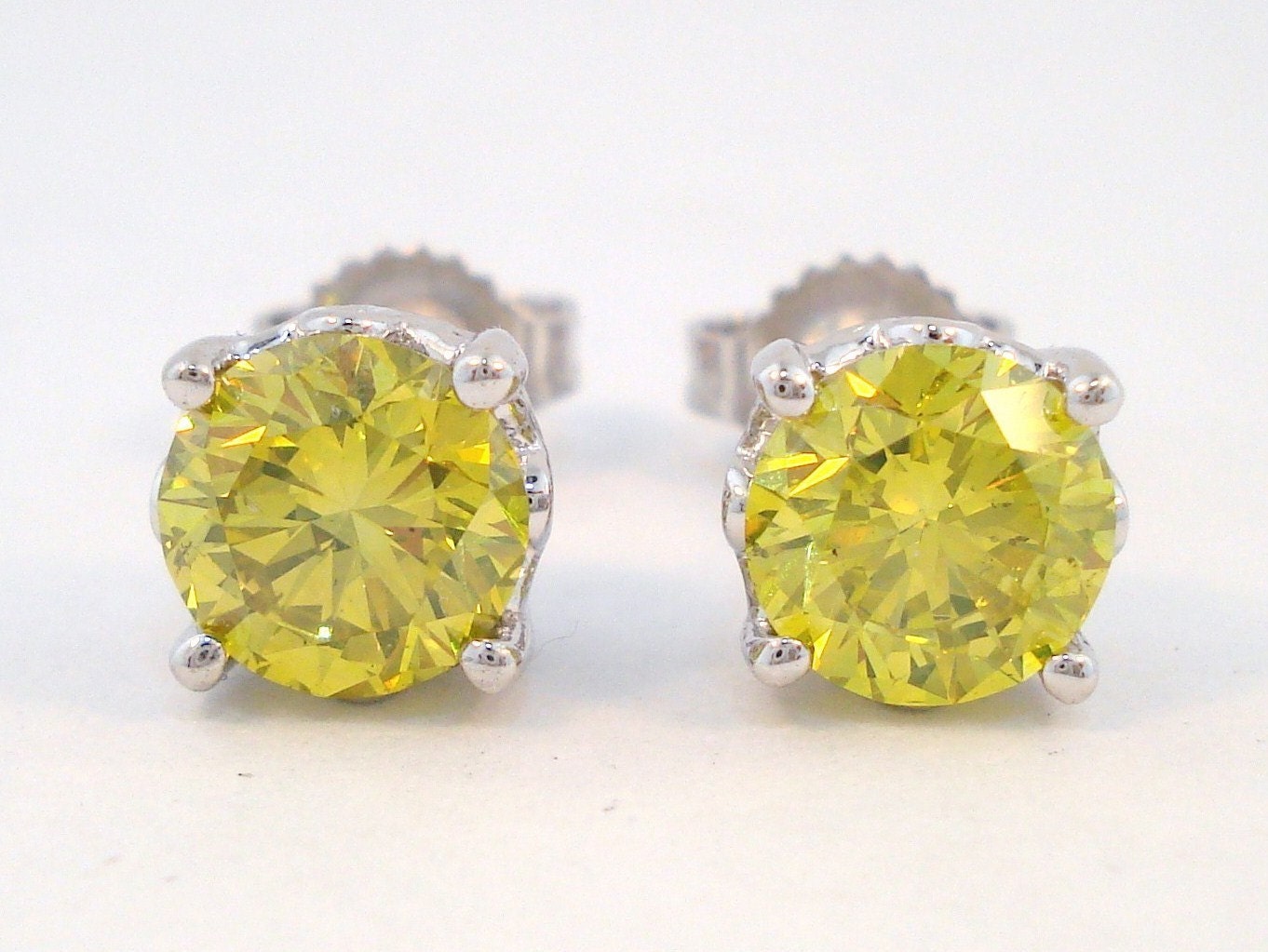 1.70 Carat  VS1 CERTIFIED Fancy Yellow Diamond Stud Earrings 14K White Gold HandMade