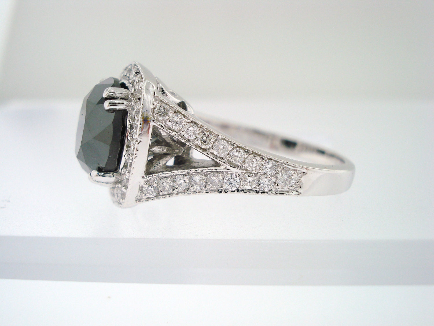 4.12Ct 14K White Gold Black & White Diamonds Unique Engagement Ring