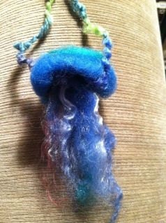 Dark turquoise felted jellyfish necklace