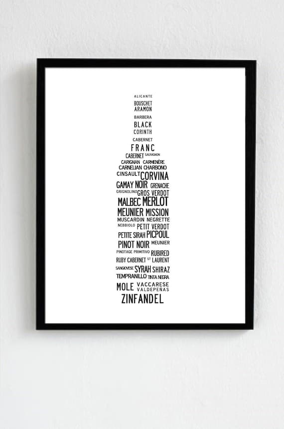 For all red wine lovers. A sleek list of red wines on a luxury poster print. Size 11.7 x 16.5 in