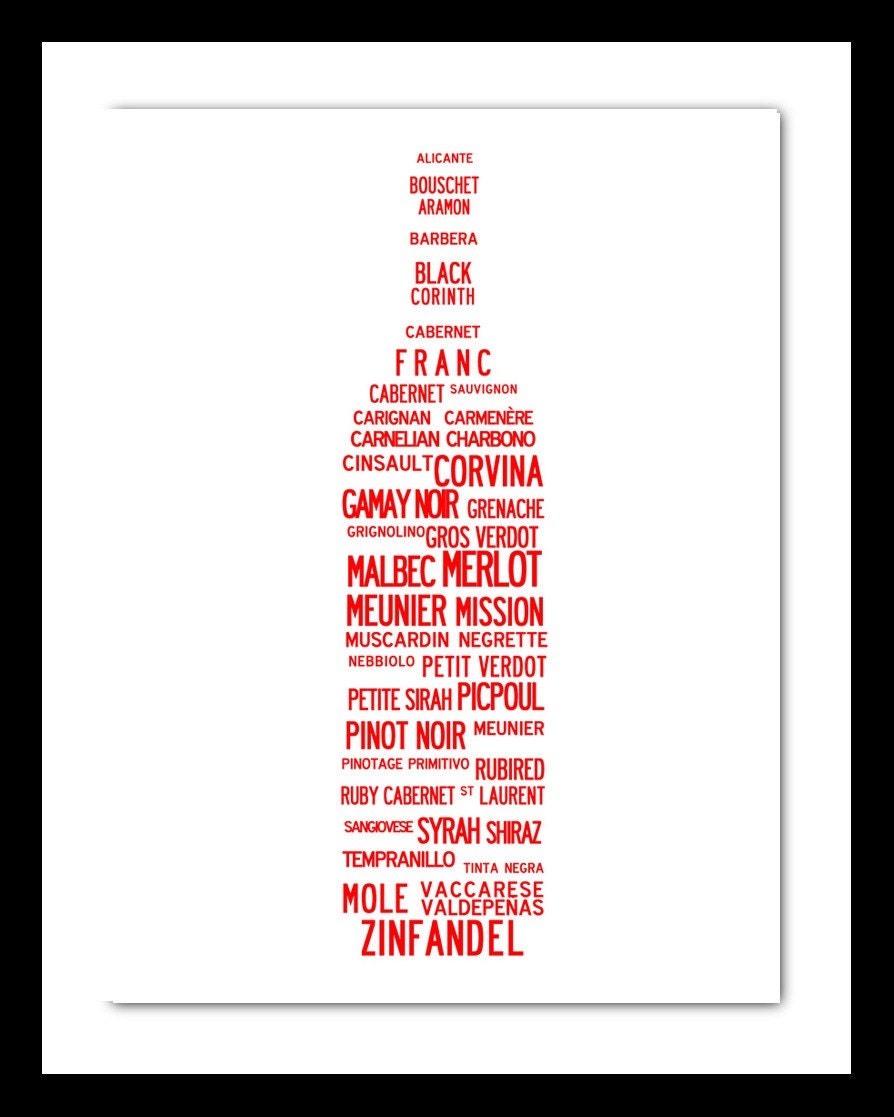 For all red wine lovers. A sleek list of red wines on a luxury poster print. Size 11.7 x 16.5 in