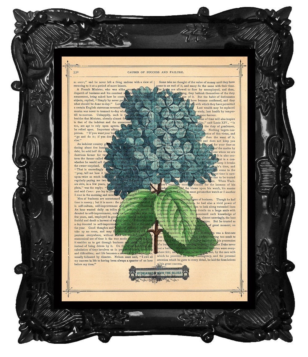 Upcycled Dictionary Page Upcycled Book Art Upcycled Art Print Upcycled Book Print Vintage Art Print Hydrangea With the Blues
