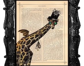 Antique Steampunk Art Print GIRAFFE  illustration beautifully upcycled dictionary page clock book art print