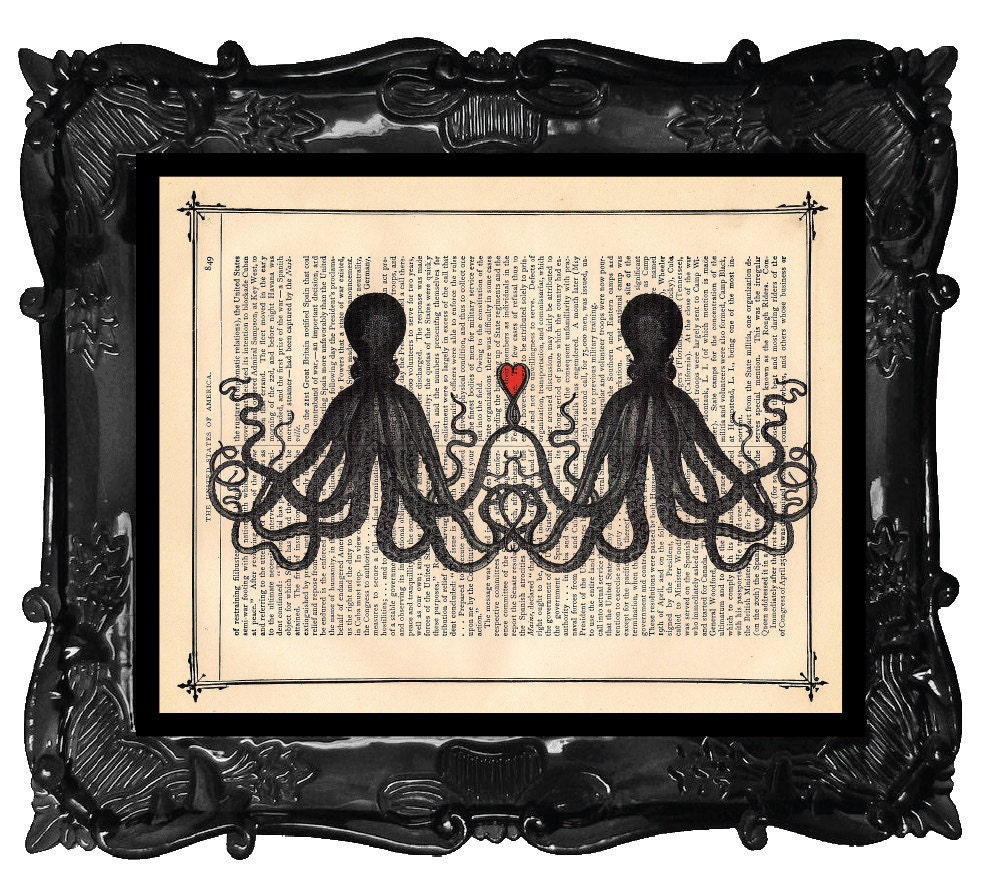 Custom Wedding Art Print Octopus Lovers Honeymoon Dictionary Print Antique Heart Book Page Print Art Print