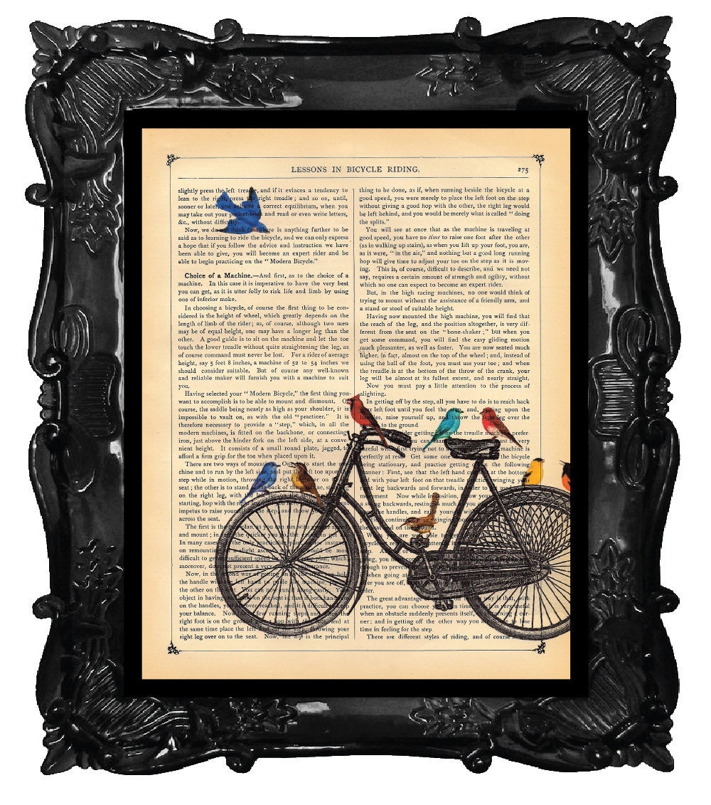 Bicycle Art Print Birds riding on a bike original art vintage dictionary page antique book page print