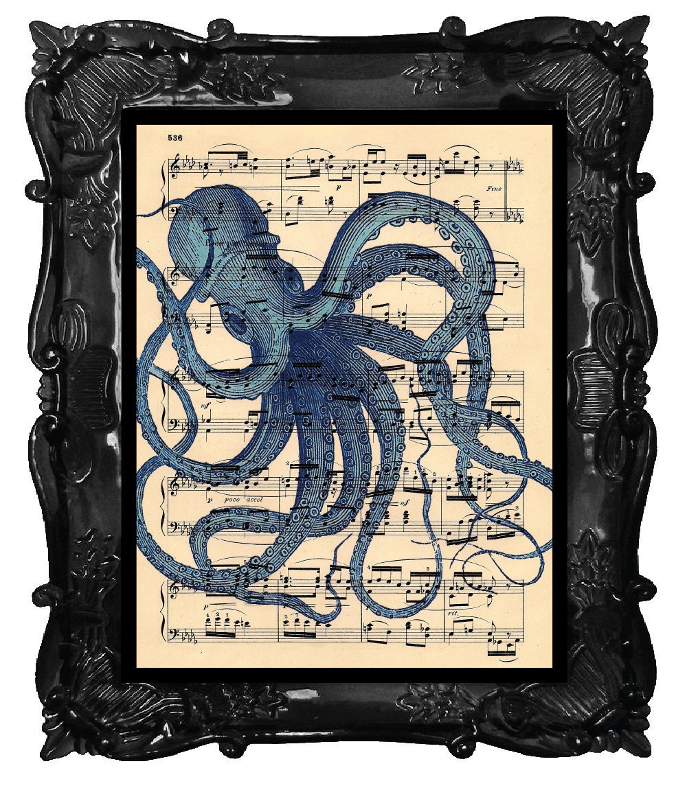 Artistic Octopus Art Print Antique Music Book Page