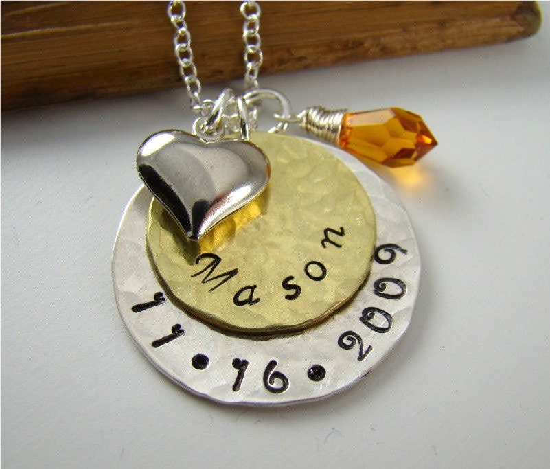 Personalized Mom Necklace, Hammered, Hand Stamped Jewelry, Silver Gold, Birthstone Crystal Tear Drop, Heart Charm, Mommy