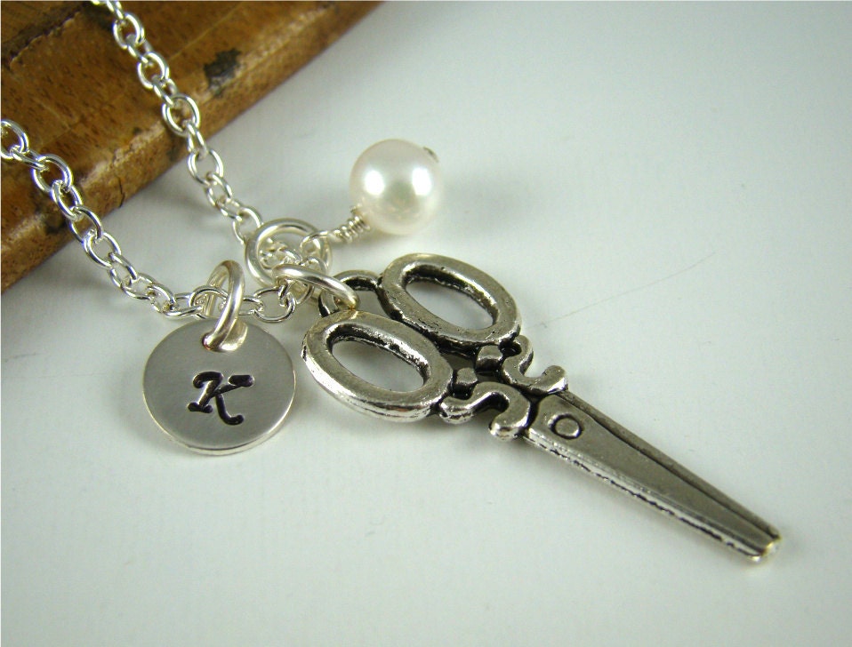 Gift Hair Stylist, Initial Scissor Charm Necklace, Scissors, Sew, Sewing, Cutting, Hair Dresser