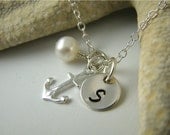 4 Personalized Bridesmaids Gift Jewelry Anchor Initial Necklaces, Wedding Jewelry, Sterling Silver Sea Anchor, Pearl BM003