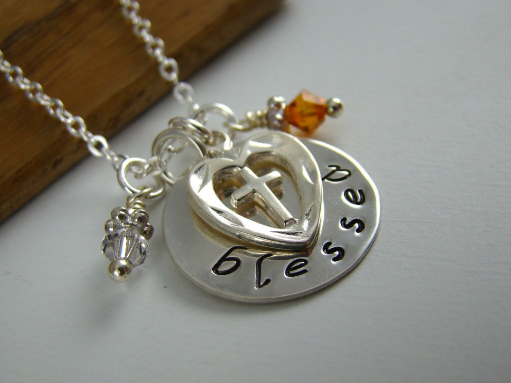 Blessed Grandma Necklace, Cross Pendant Charm, Personalized Grandma Gift Jewelry, Stamped Sterling Silver, Birthstones