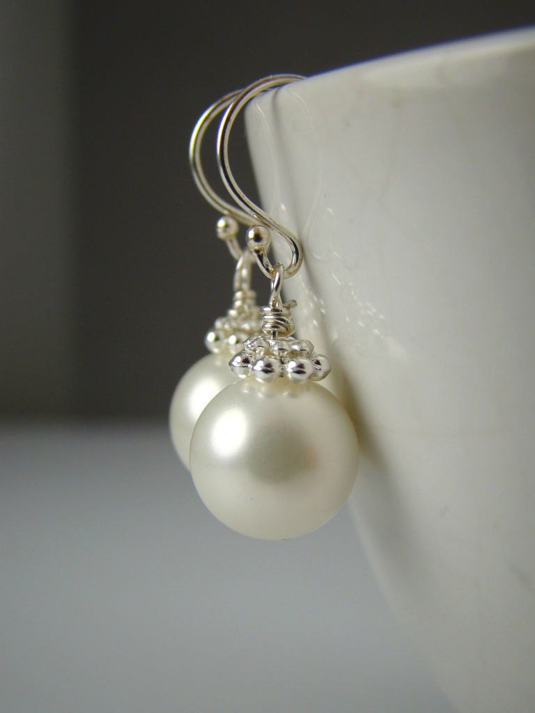 Bridesmaid Large Pearl Earrings, Bridal, Wedding, Sterling Silver, Elegant, Classic