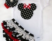 Black and white polka dot w/red and white w/matching ruffle bloomers diaper cover polka dot flower clip w/red headband minnie mouse onesie