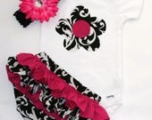 Hot pink black white damask ruffle bloomers diaper cover hot pink flower clip w/black crochet headband damask and hot pink flower onesie