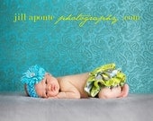 Lime, gray, brown and teal flower and polka dot ruffle bloomers diaper cover matching gray crystal gerbera flower clip w/matchi
