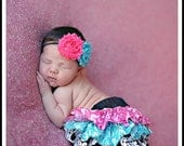 Hot pink turquoise and black and white scroll ruffle bloomers diaper cover newborn baby infant toddler girl