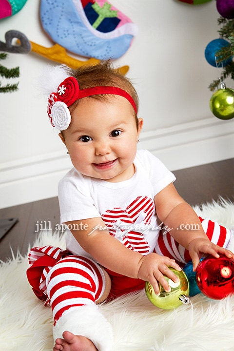 LONG SLEEVE Christmas white and red striped candy cane onesie striped ruffle bloomers diaper cover w/fabric rolled rosette headband