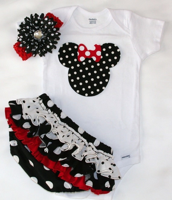 Black and white polka dot w/red and white w/matching ruffle bloomers diaper cover polka dot flower clip w/red headband minnie mouse onesie